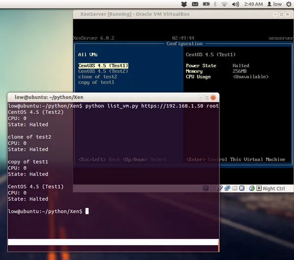 A Linux terminal running python lst_vm.py against a XenServer at 192.168.1.50, listing CentOS 4.5 (Test1, Test2, clones, copies), with a XenServer 6.0.2 console visible in the background.