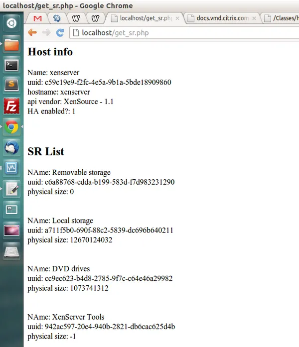 get_sr.php on localhost in Chrome on Ubuntu, showing host info (uuid, hostname, XenSource 1.1) and SR list with Removable storage, Local storage, DVD drives.