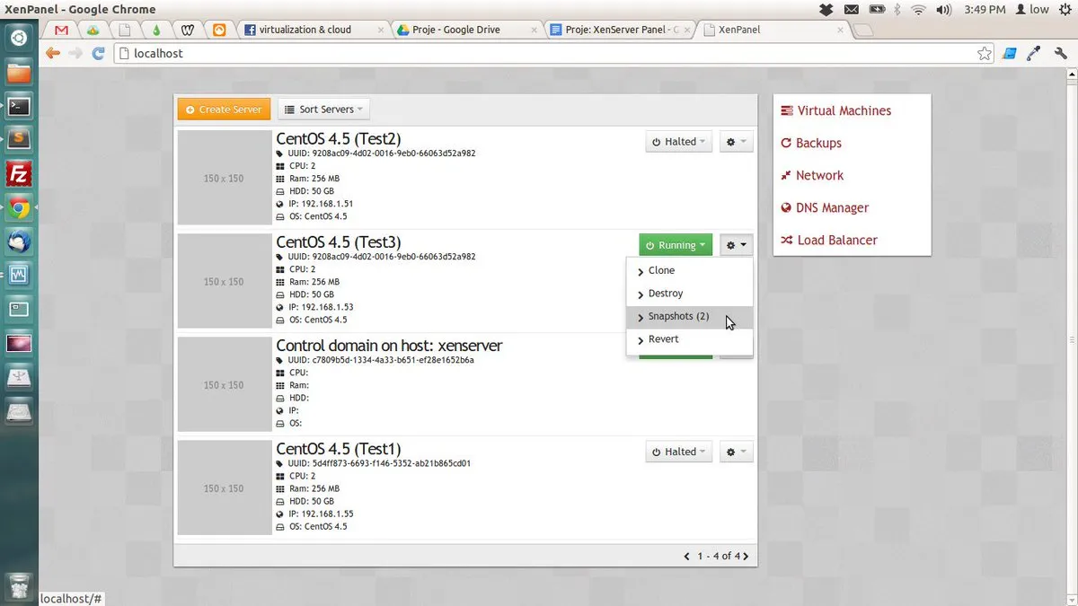Screenshots from the original xen-panel: VM grid with snapshot menu, VM detail view with web console, and the dashboard alongside three VirtualBox windows running the XCP1/2/3 backing hosts.