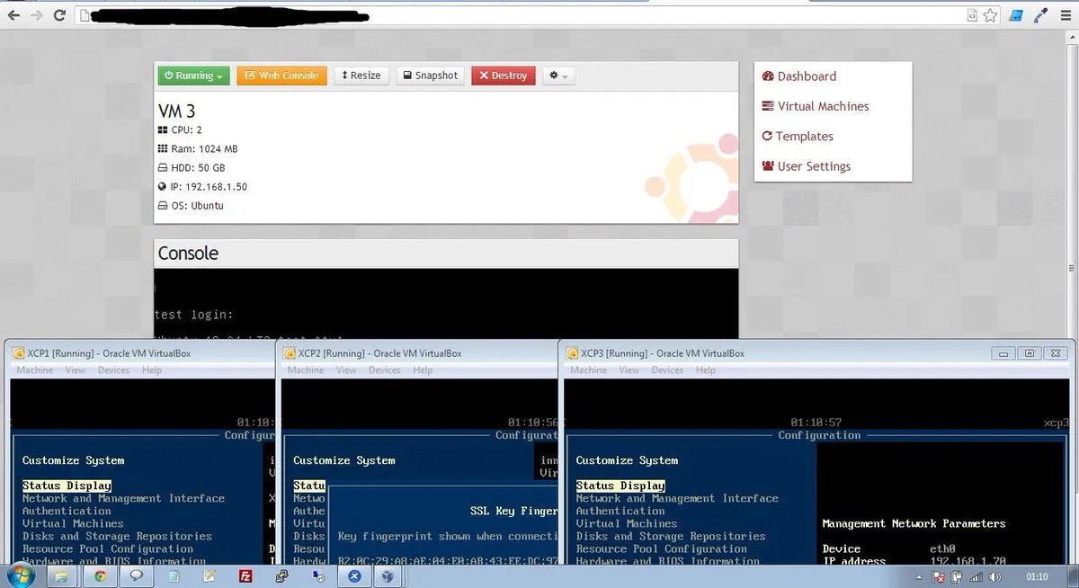Screenshots from the original xen-panel: VM grid with snapshot menu, VM detail view with web console, and the dashboard alongside three VirtualBox windows running the XCP1/2/3 backing hosts.